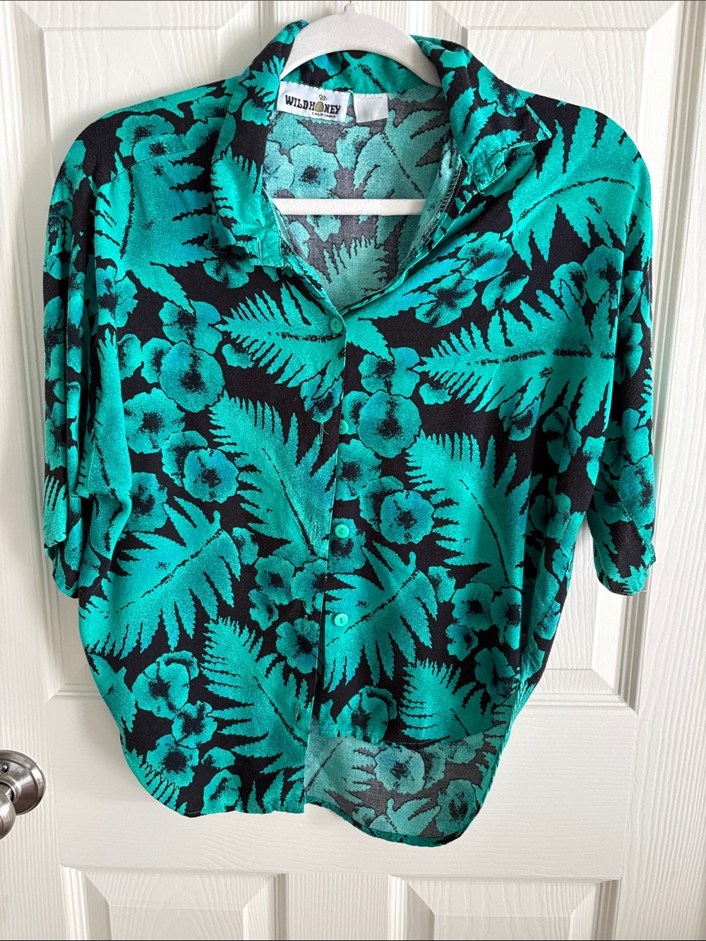 Wild Honey Teal and Black Tropical Print Button-Down